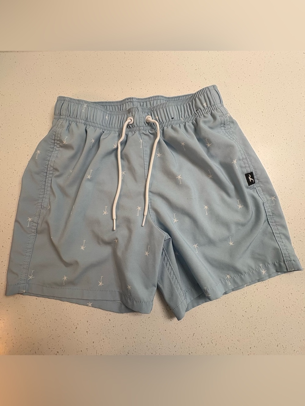 Hollister 4 Way Stretch Baby Blue Palm Tree Swim Trunks Size XS